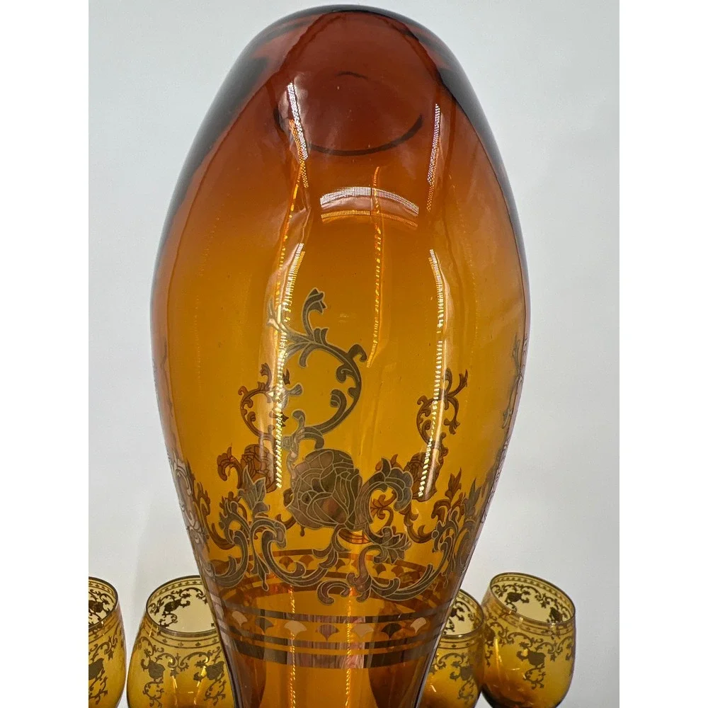 Vintage MCM Amber Glass Decanter Set Gold Encrusted Floral Scroll 4‎ Glasses